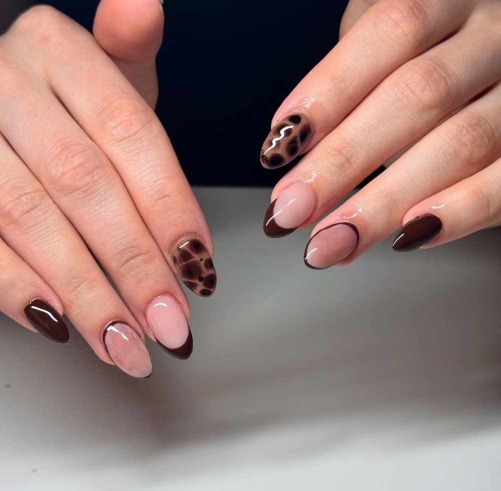 Brown French Tips with Leopard Accents