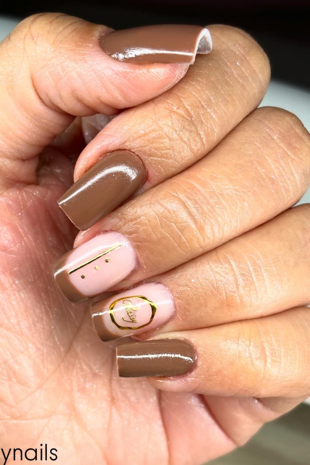 Brown and Nude French with Gold Script