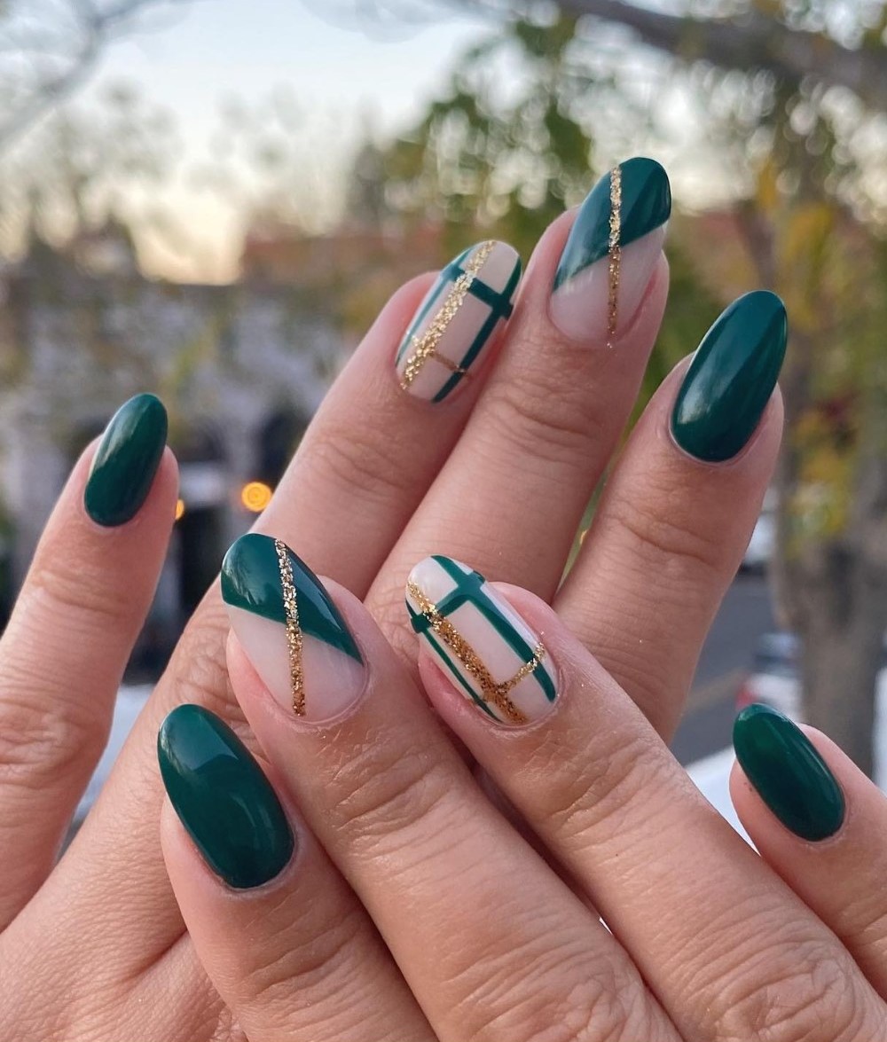 Forest Green and Nude with Gold Line Art
