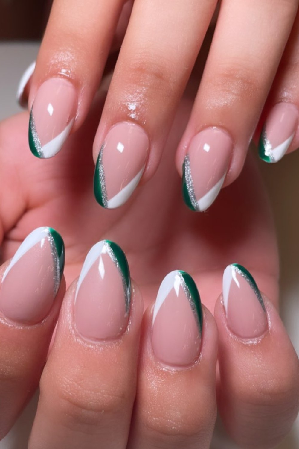 Green French Tips with Silver Glitter