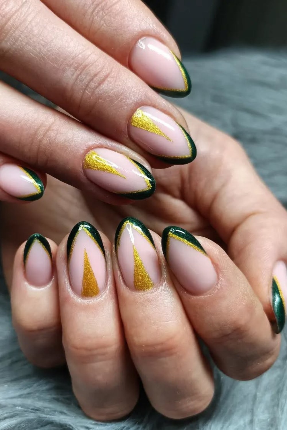 Nude Base with Green French Tips and Lightning Bolts