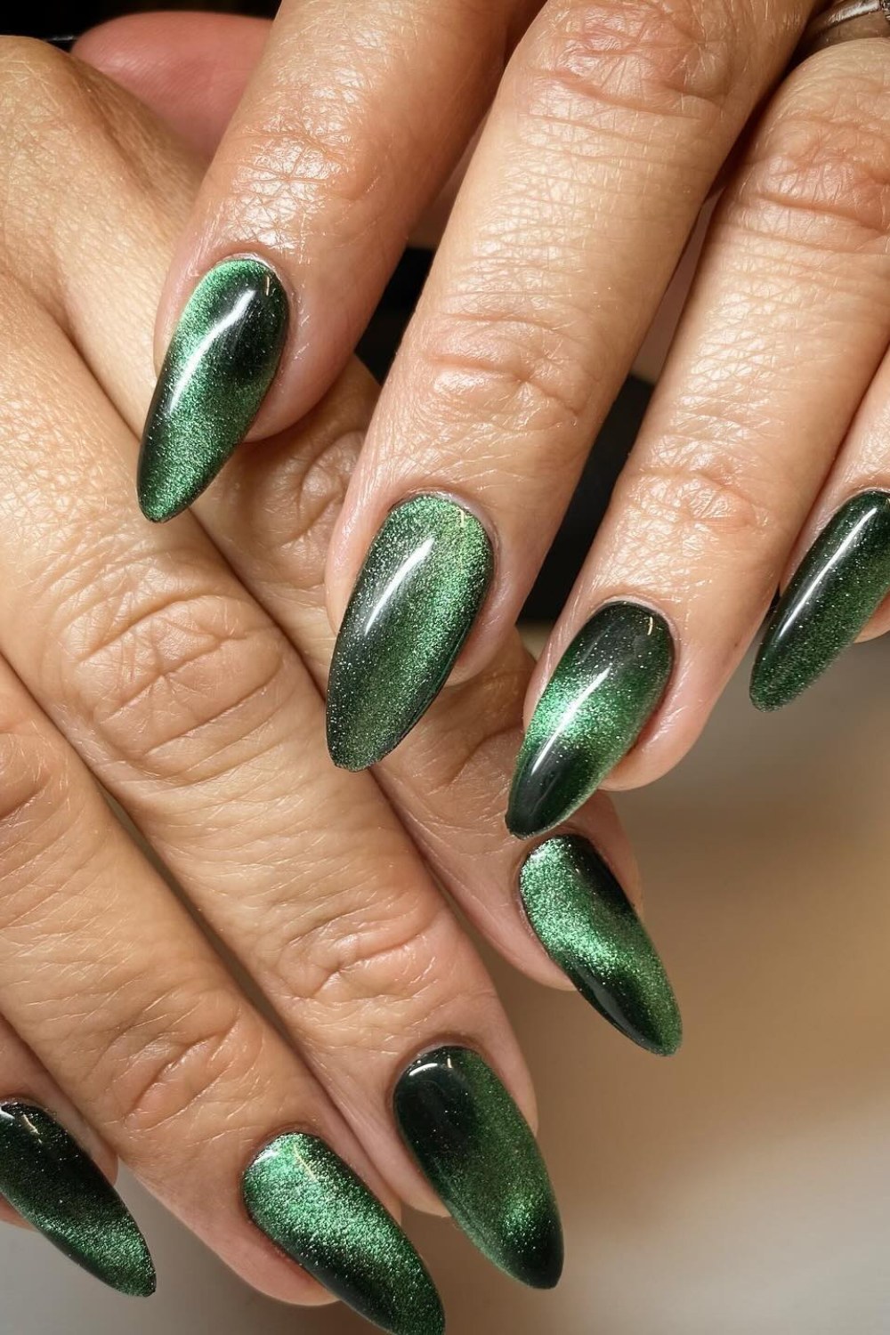 Metallic Forest Green Almond Nails