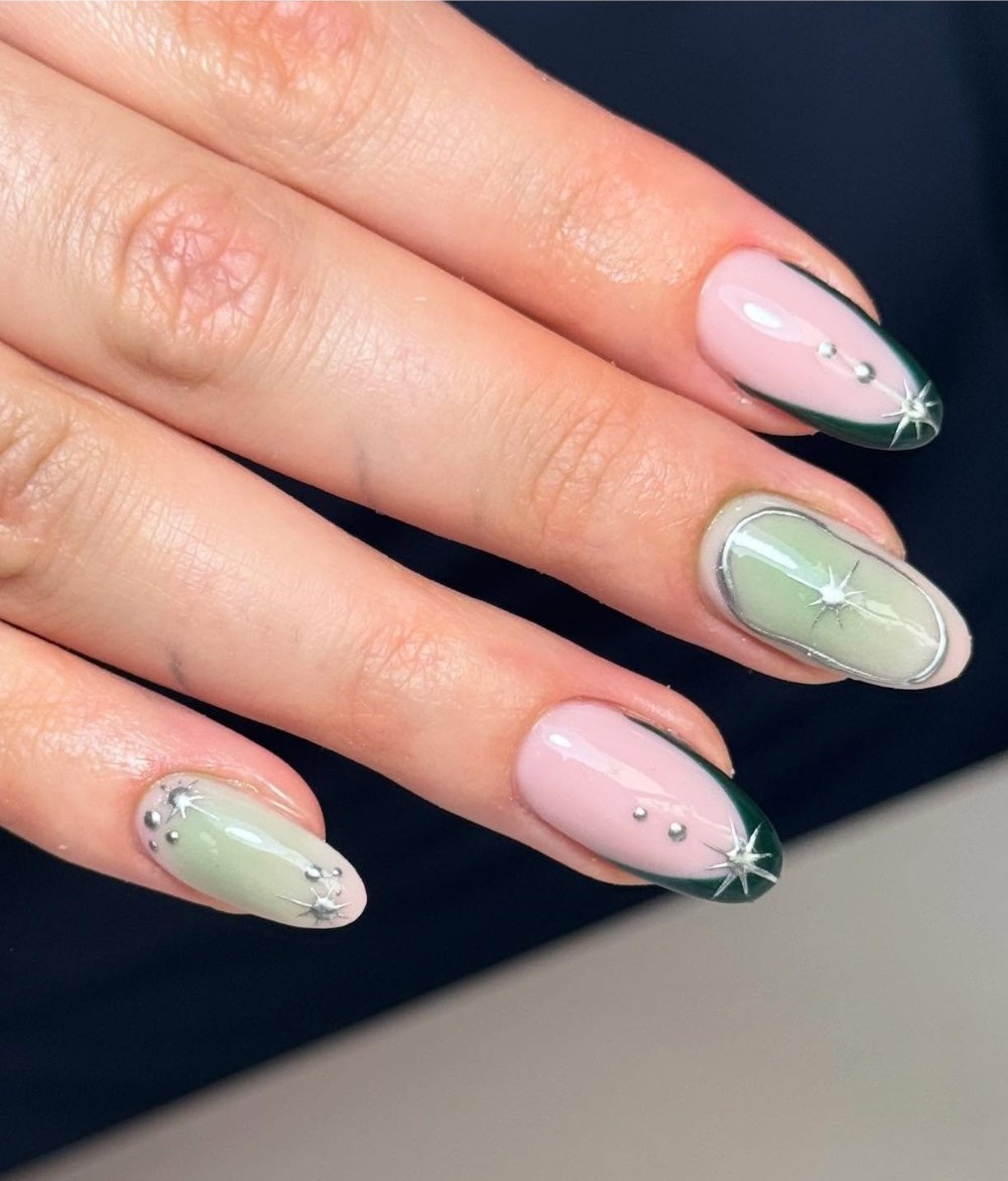 Pastel Pink and Forest Green French Tips