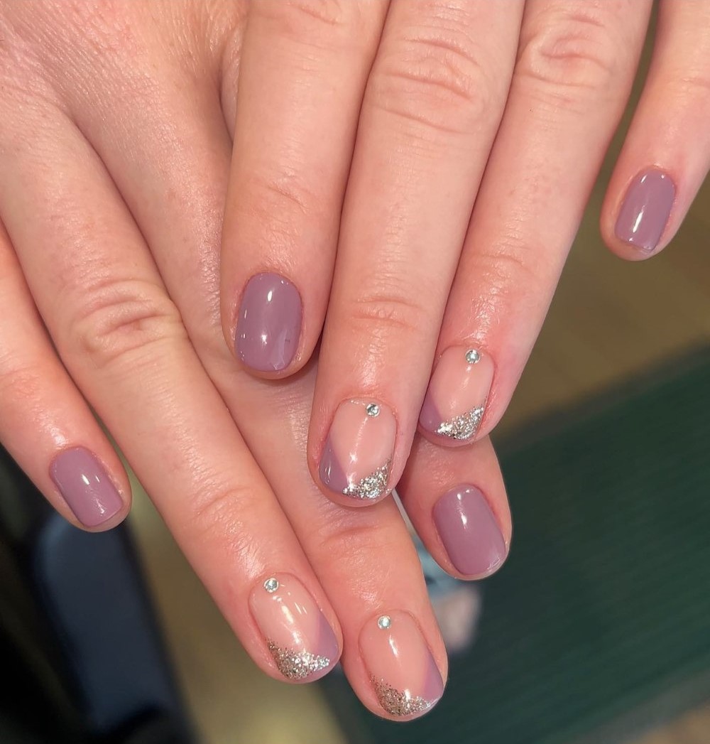 Silver Glitter French Tips with Rhinestones