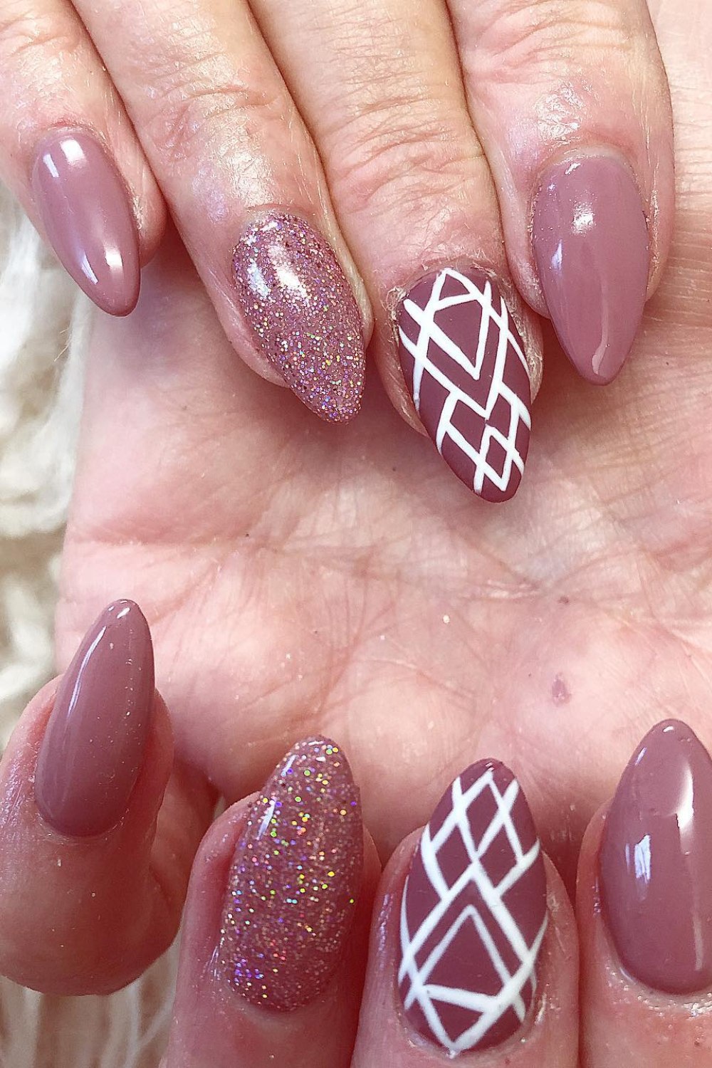 Mauve Almond Nails with Geometric Patterns
