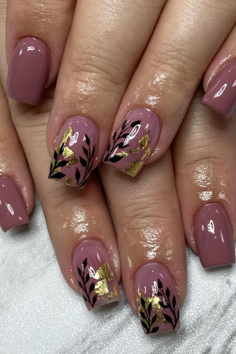 Mauve Square Nails with Black Florals