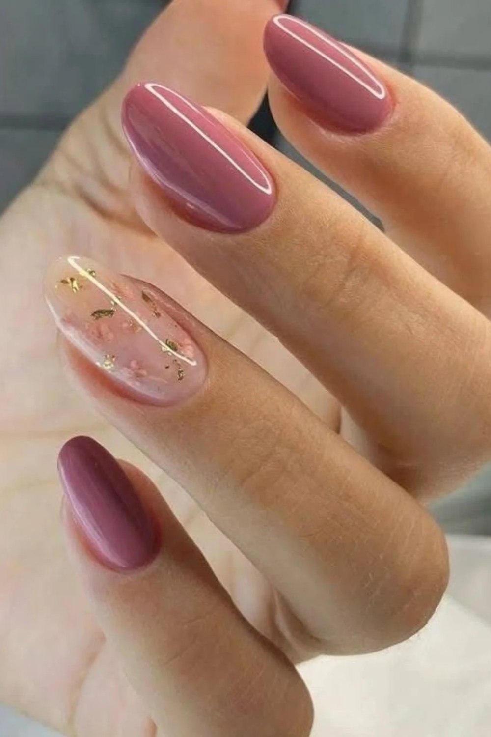 Mauve Polish with Gold Flake Accent