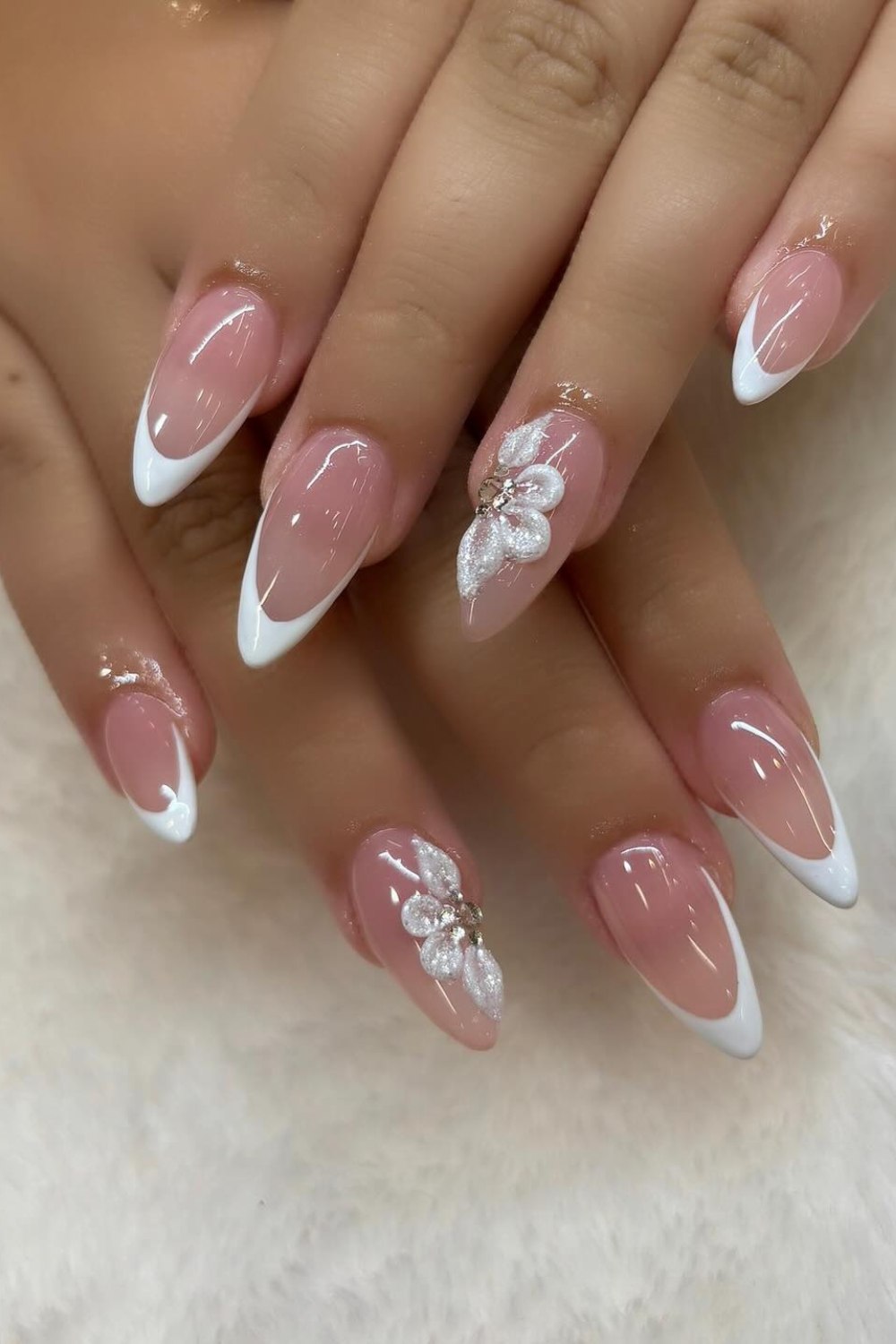 Pink French with Crystal Flowers