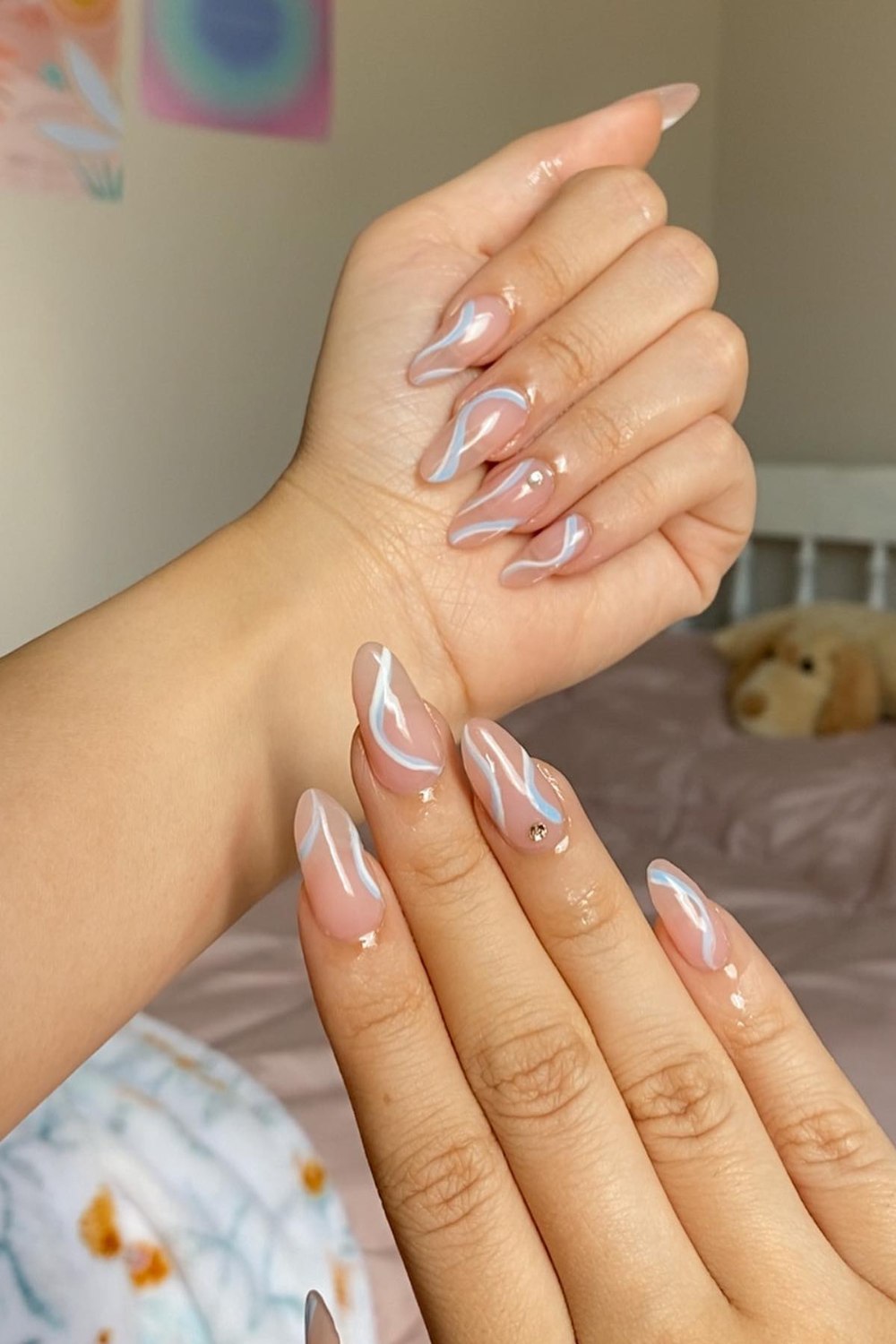 Nude Pink with Blue Swirls and Rhinestones